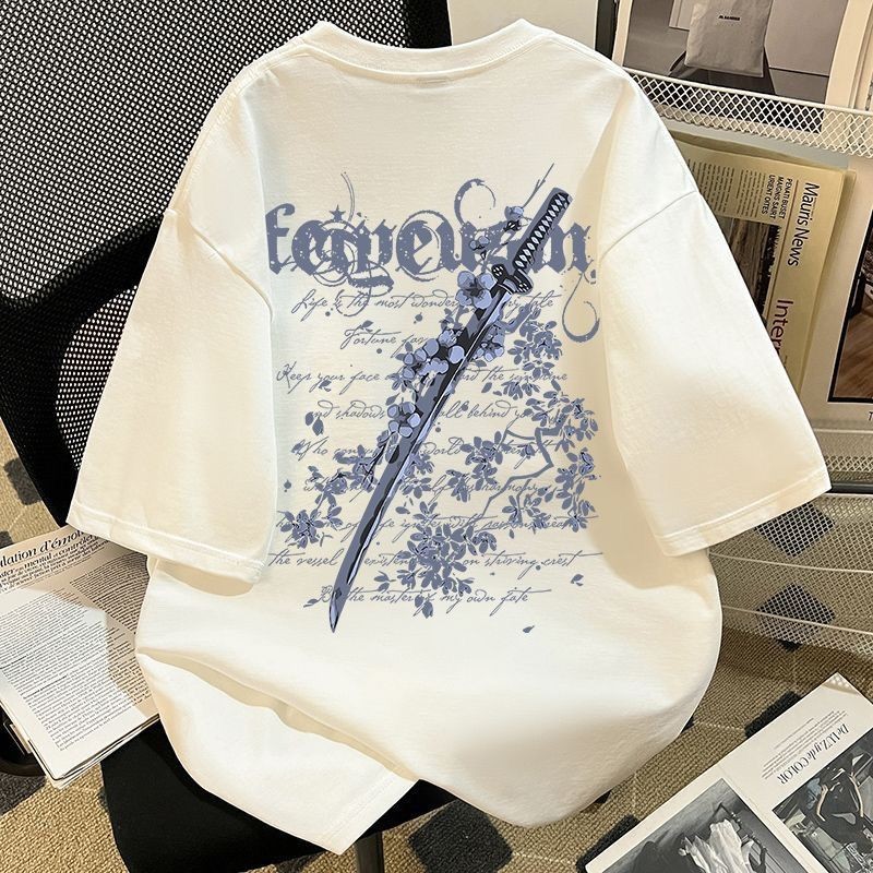NASA Co-Branded American Peach Blossom Sword เสื้อยืดแขนสั้นผ้าฝ้ายแท้ผู้ชาย NASA Co-Branded America
