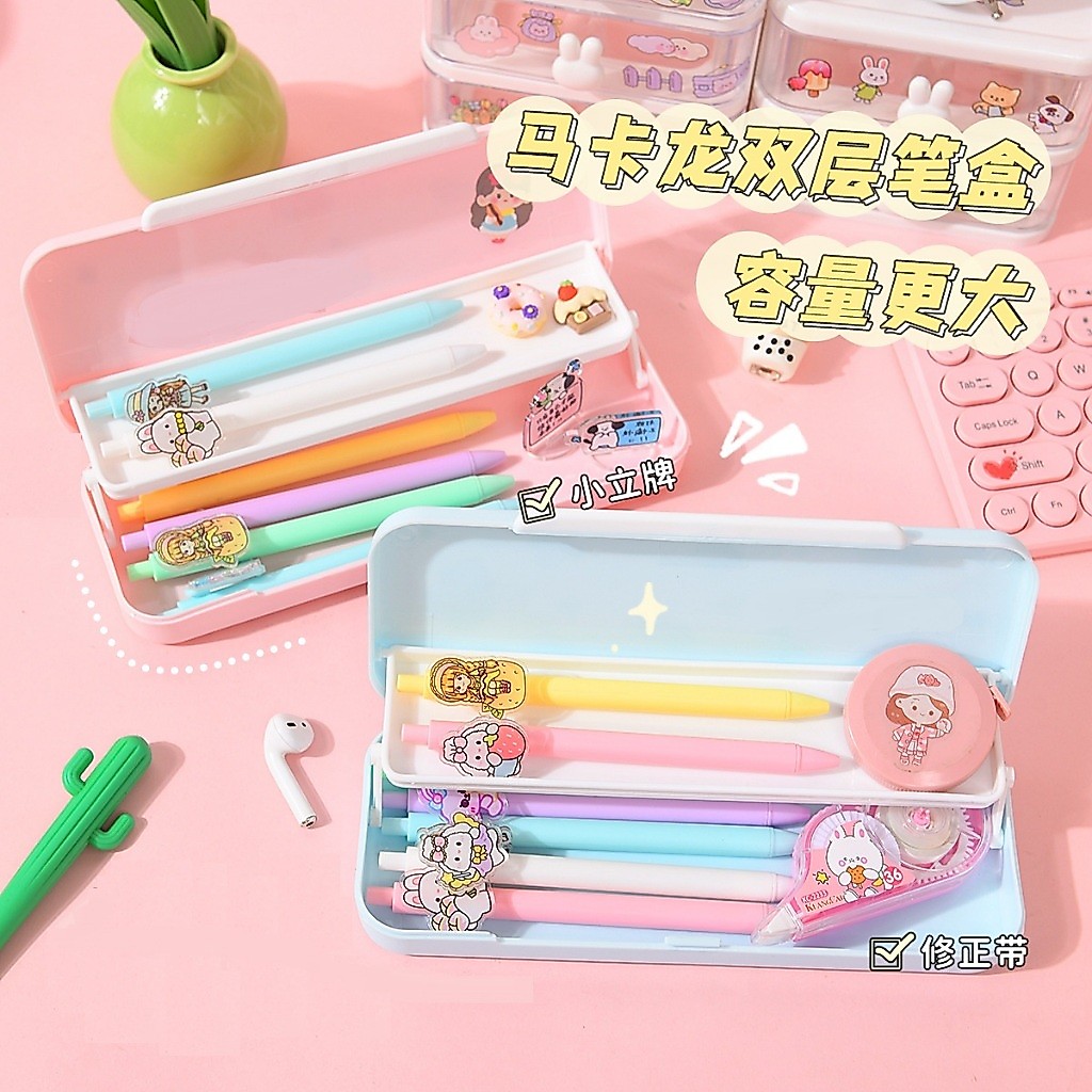 กล่องดินสอ 2 ชั้น สำหรับพกพา สีพาสเทล ตกแต่งสติ๊กเกอร์ได้เอง