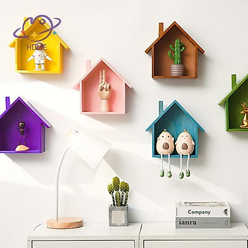 [mayhome] จอแสดงผลชั้นวางของเล่นชั้นวางของติดผนังไม้ชั้นวางของลอยติดผนัง House Shape Wall Storage Organizer Key Storage Rack Wall Decor {TH}