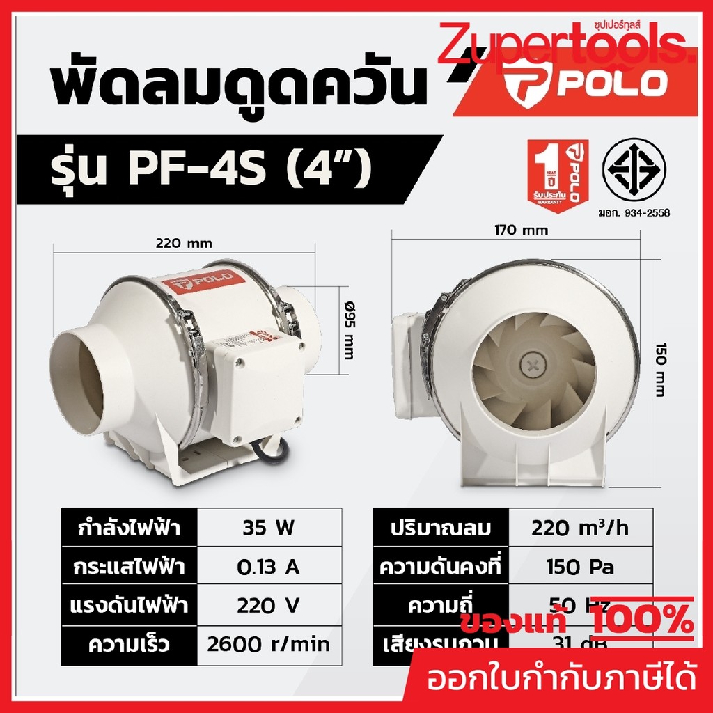 POLO พัดลมดูดอากาศ เครื่องดูดควัน 4 นิ้ว กำลังไฟ 35 วัตต์ รุ่น PF-4S แรงดันคงที่ 150 PA ปริมาณลม 220 ลูกบาศก์เมตร/ชั่วโม