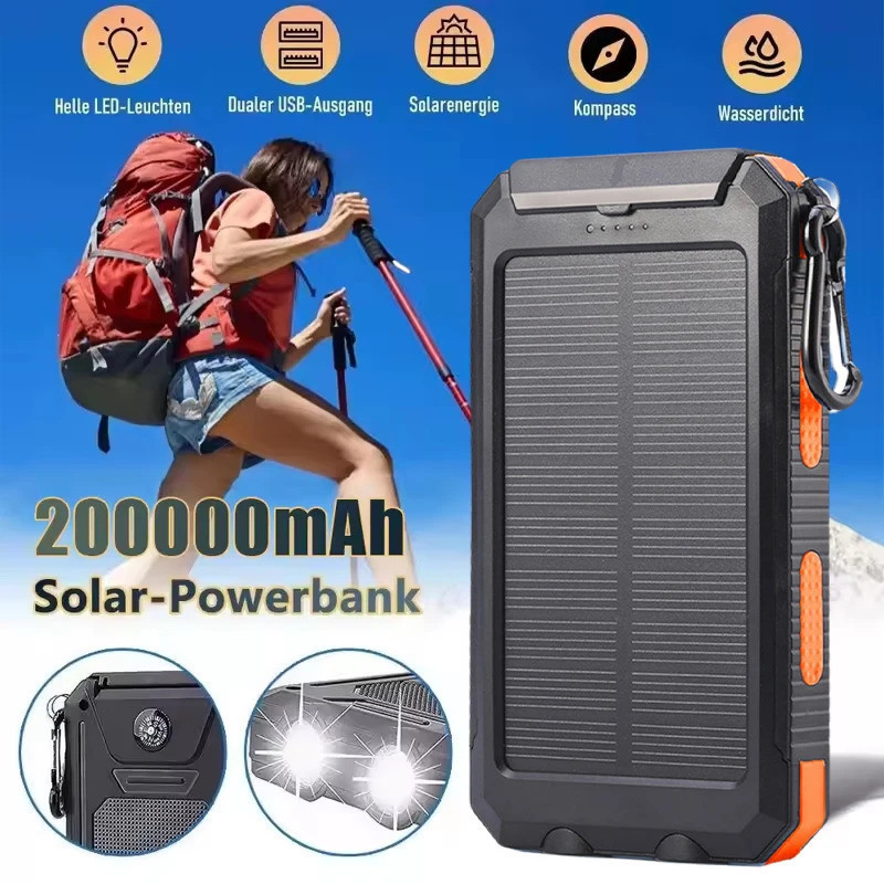 ธนาคารพลังงานแสงอาทิตย์กันน้ํา 200000MAh ความจุขนาดใหญ่แบบพกพา Powerbank ภายนอกแบตเตอรี่สํารอง W/ SO