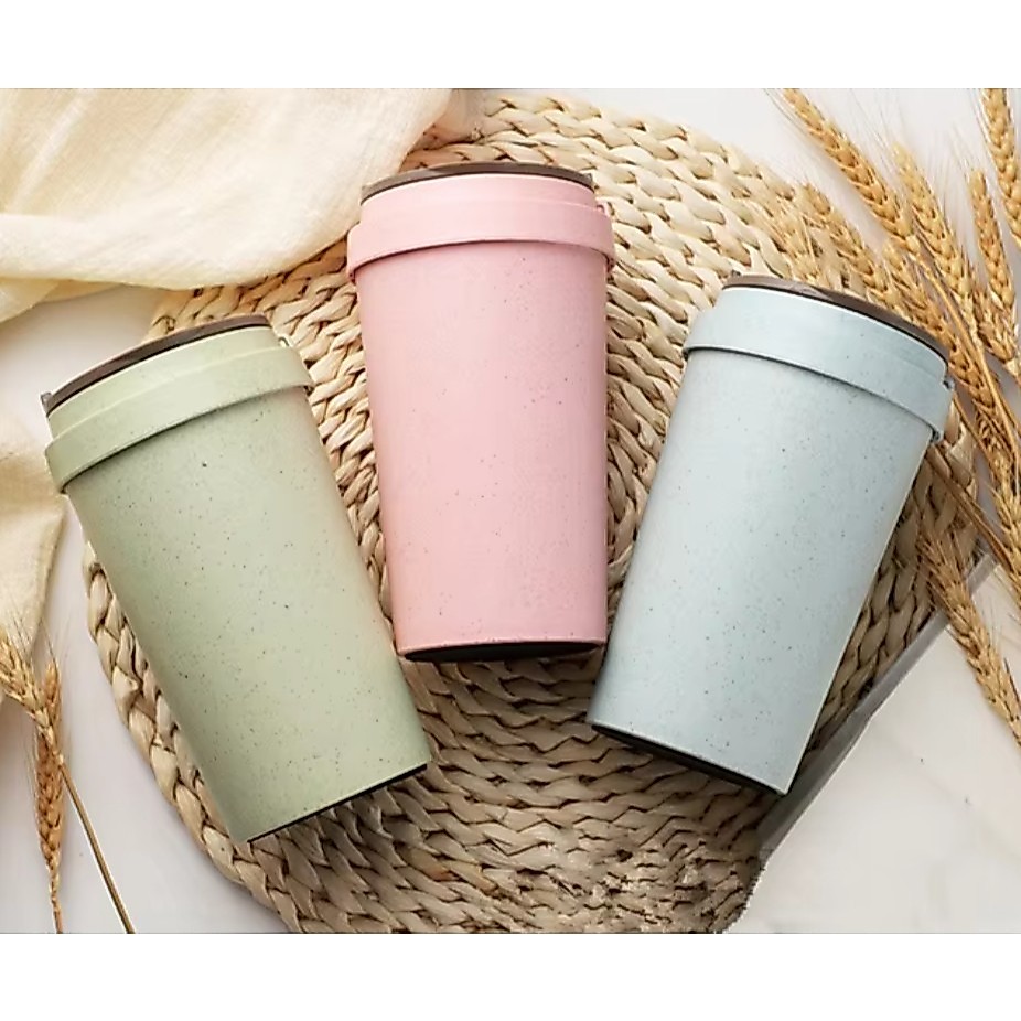 แก้วEco friendly double wallผลิตจากฟางข้าวสาลีและกาแฟใช้พลาสติกฟู้ดเกรดเก็บร้อนและเย็นได้ดี