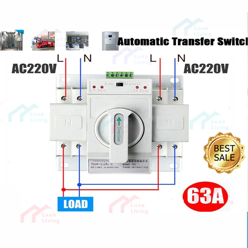 ATS สวิตซ์จ่ายไฟคู่อัตโนมัติ 2P 63A สวิตซ์จ่ายไฟ ATS สวิตซ์จ่ายไฟคู่อัตโนมัติ 2P 63A ฟังก์ชั่นป้องกันครบชุด รวมสั้น