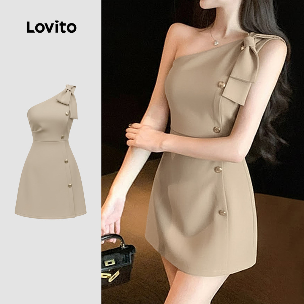 (แคชชวล) Lovito  เดรสปาร์ตี้ เดรสผู้หญิงฤดูใบไม้ผลิ/ฤดูร้อนลายปุ่มไม่สมมาตรซิป สีกากี LK3ED057