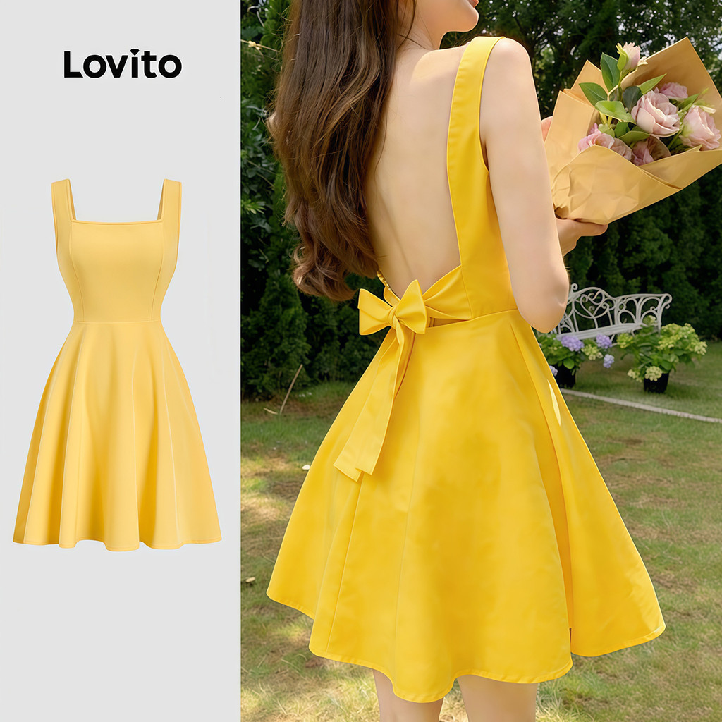 Lovito แคชชวล เดรสสีเหลือง ผูกโบว์หลัง สไตล์สุภาพ สําหรับผู้หญิง รหัส L184ED786