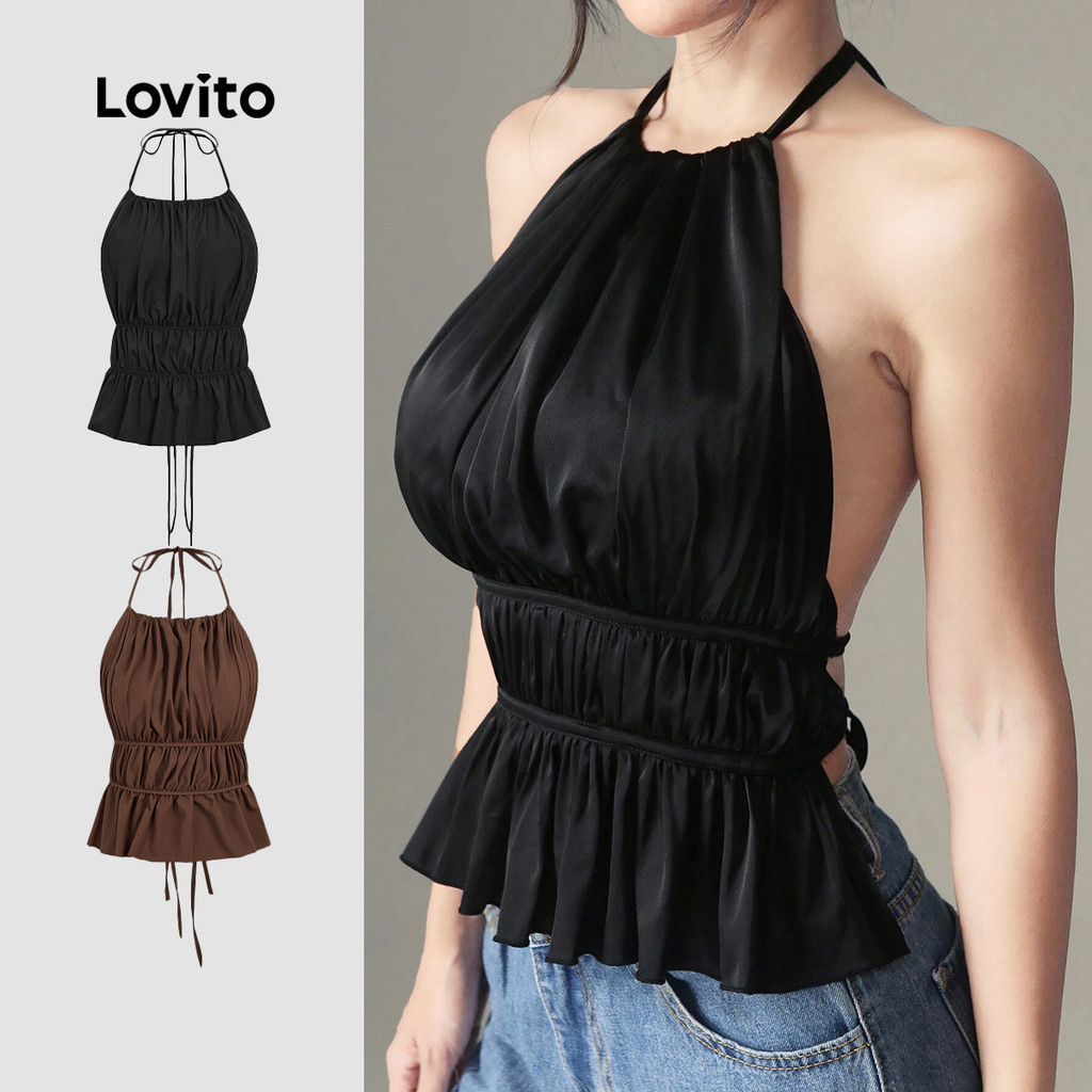 Lovito สง่างาม เสื้อกล้ามสวยหรู เซ็กซี่ คอผูกด้านหลัง ผูกเชือก จีบรูด สำหรับผู้หญิง เกาหลี อินเทรนด์ L106AD087