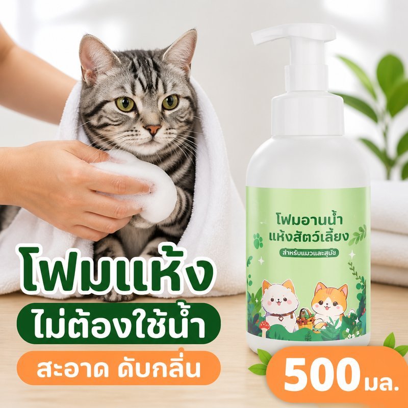 โฟมอาบน้ำแห้งสัตว์เลี้ยง แชมพูหมาแมว สูตรอ่อนโยน ดับกลิ่น บำรุงขน ไม่ต้องล้างน้ำ 500ml