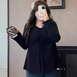 [ขนาดบวก] (40-150กก.) ฤดูใบไม้ผลิสไตล์ผู้หญิงฝรั่งเศส เชือกรูด เสื้อแขนยาว ฟลอนซี่ ที เสื้อเชิ้ตลําลอง ขนาดใหญ่เกินไป