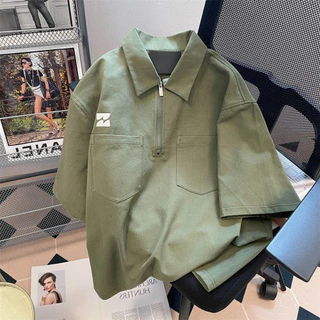 PROMAN เสื้อโปโลวินเทจสไตล์ญี่ปุ่น เสื้อมีกระเป๋าหลายใบ สไตล์เกาหลี แบบหลวม ปกพับ สีล้วน รุ่นเดียวกันทั้งชายและหญิง