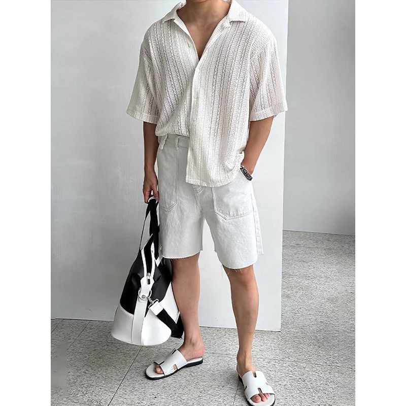 Old Money Style Hollow Jacquard Cuban Collar ถักเสื้อแขนสั้นผู้ชายบาง#老钱风镂空提花古巴领针织短袖衬衫男薄