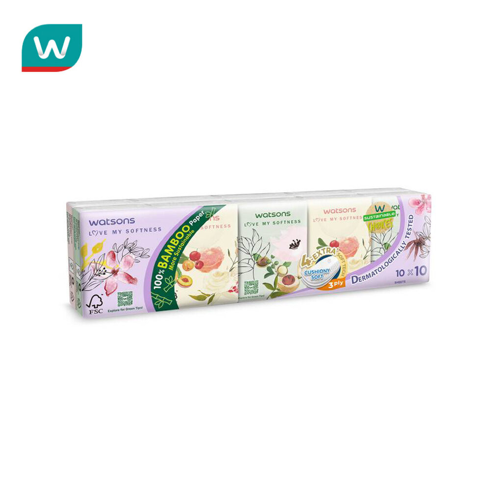 Watsons วัตสัน กระดาษทิชชูแบบพกพา (X-flower 3) 3 ชั้น 10 แผ่น x 10 ซอง.