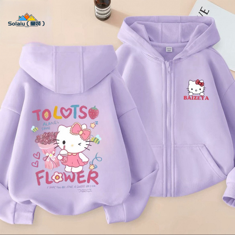 เสื้อกันหนาวHelloKittyสำหรับเด็กผู้หญิง มีฮู้ด สไตล์ใหม่ เหมาะสำหรับฤดูใบไม้ผลิและใบไม้ร่วง