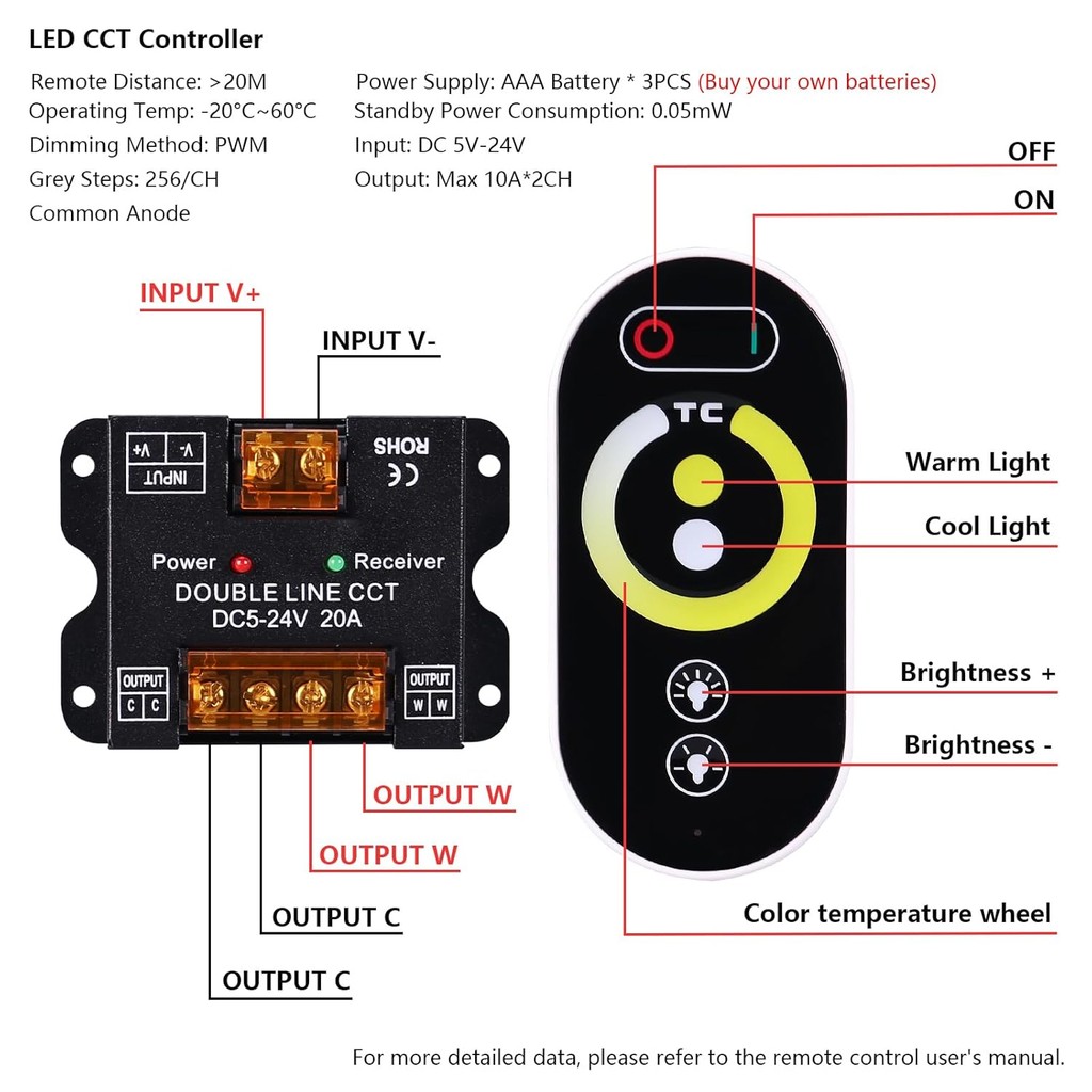 LED CCT Strip Light Touch Controller, DC5V-24V 20A PWM Dimming Controller สําหรับ 2 สาย CCT เท่านั้น