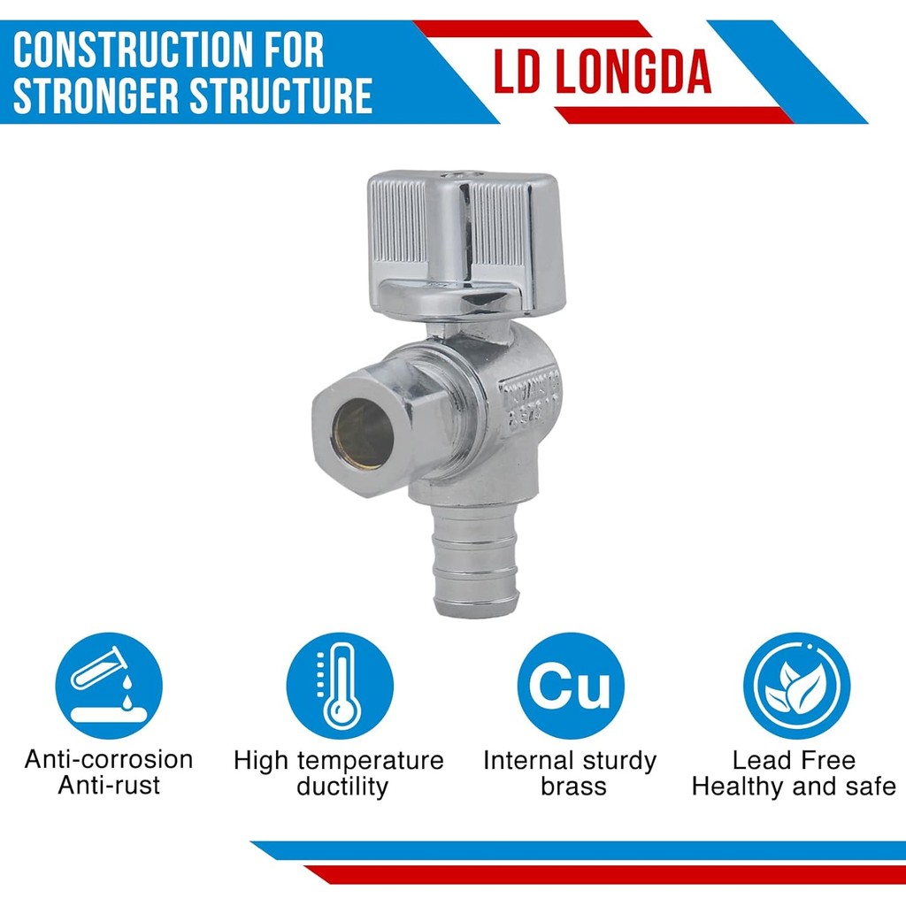 (4 แพ็ค) วาล์วหยุดมุม 1/2-in PEX x 3/8-in Comp, บอลวาล์วปิดน้ําเลี้ยวไตรมาส LOCX