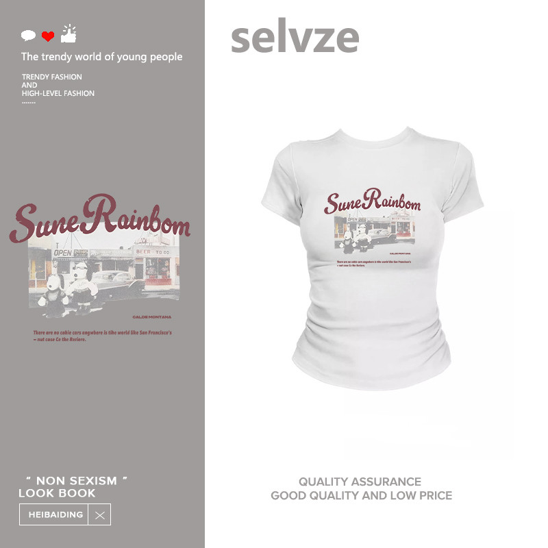 Selvze เสื้อครอปท็อป แขนสั้น แฟชั่นฤดูร้อน (รูปแบบการพิมพ์ลูกสุนัขในรถ） ชั่วโมง เสื้อยืดแขนสั้นสไตล์เกาหลี Y2K cotton100% จัดส่งตลอด 24 ชั่วโมง B003346