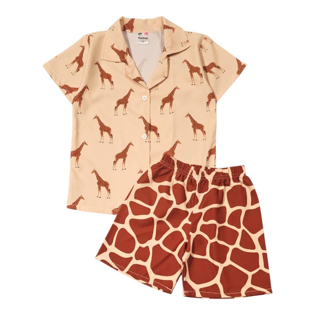 (H771#6) ชุดเด็ก เซ็ตเสื้อฮาวาย+กางเกงขาสั้น ผ้าไหมอิตาลี ลายยีราฟ เสื้อผ้าเด็กแฟชั่น ชุดเด็กลายการ์ตูน ชุดเที่ยวทะเล