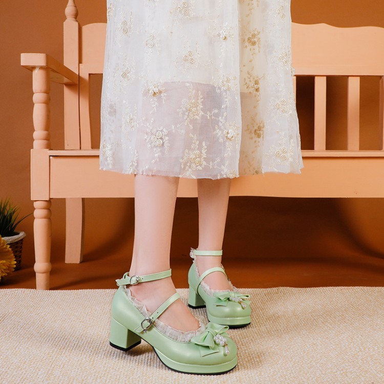 ASL30-48ขนาดขนาดใหญ่ขนาดเล็กรอบToeหนากลางส้นลูกไม้COSอะนิเมะรองเท้าแบนสายคล้องคอโบว์หวานสไตล์เจ้าหญิ