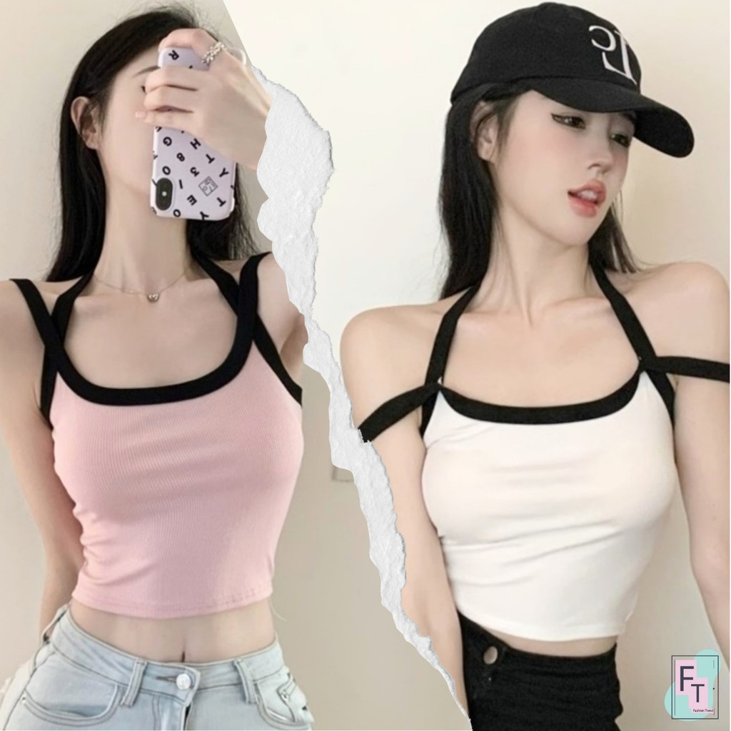 💢FT อินเทรนด์💢เสื้อครอปสายเดี่ยวใหญ่ กุ้นขอบ ไขว้คล้องคอ อกมีฟองน้ำ 4 สี