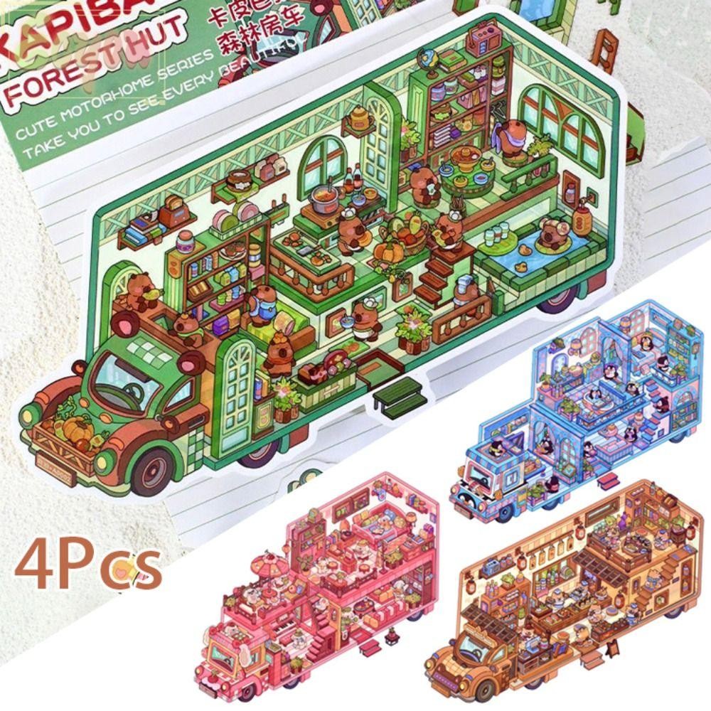 ECYOU 4 ชิ้น/เซ็ตมอเตอร์ Home Landscape สติกเกอร์, DIY Handmade 2.5D Effect Cabin ฉากเกมสติกเกอร์,สน