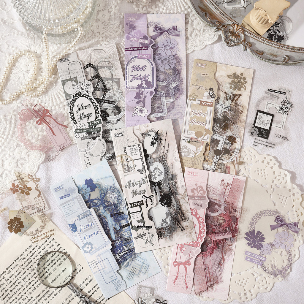 Journamm 10pcs สติกเกอร์สมุดภาพ Vintage ลูกไม้ดอกไม้ Scrapbooking Junk Journal งานฝีมือปักสติกเกอร์ตกแต่ง