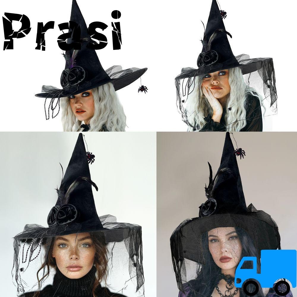 PRASI หมวกแม่มดฮาโลวีน, ผ้าคลุมหน้าสีดําดอกไม้ Feather Comfort จีบ Wizard หมวก, ถักวินเทจแมงมุมสีดํา