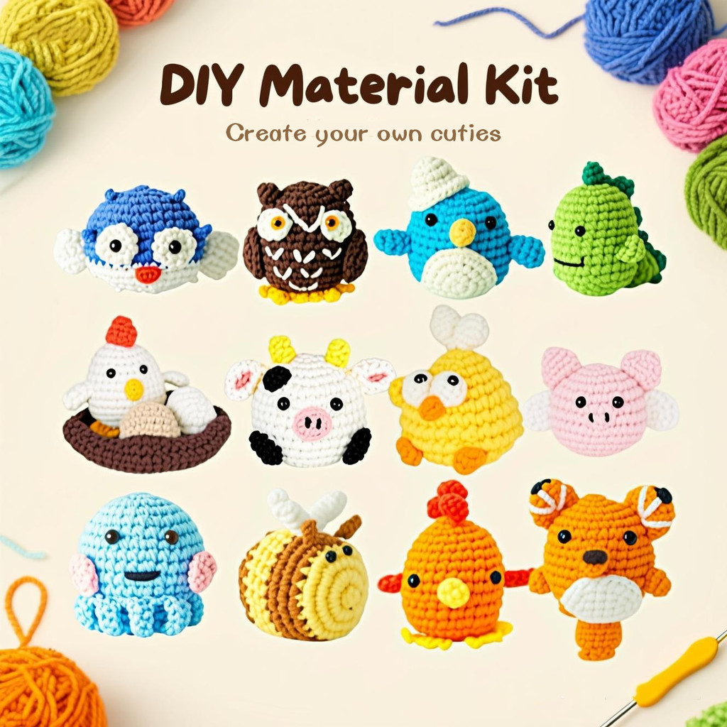 ချည်ထိုး (Crochet) ပစ္စည်းအစုံ + သင်ခန်းစာပါ + ချည်ထိုး အမွေးလုံးကလေးသော့ချိတ် အစုံ (လက်လုပ်)
