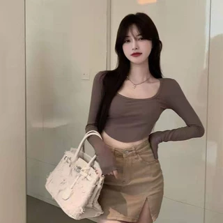 Hotgirl พร้อมส่งจากกทม Y2K เสื้อครอปแขนยาวผู้หญิง เสื้อครอปรัดรูปแฟชั่นเกาหลีสุดเซ็กซี่ แฟชั่นย้อนยุคที่เรียบง่าย