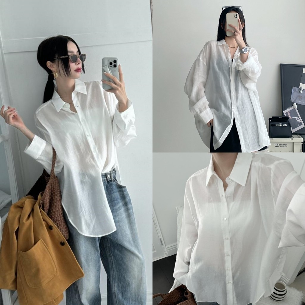 Bella shop เสื้อแขนยาวผู้หญิง เสื้อสีขาว เซ็กซี่ สไตล์เกาหลีเรียบง่าย ทรงหลวม สวมใส่สบาย ผ้าเนื้อนุ่ม