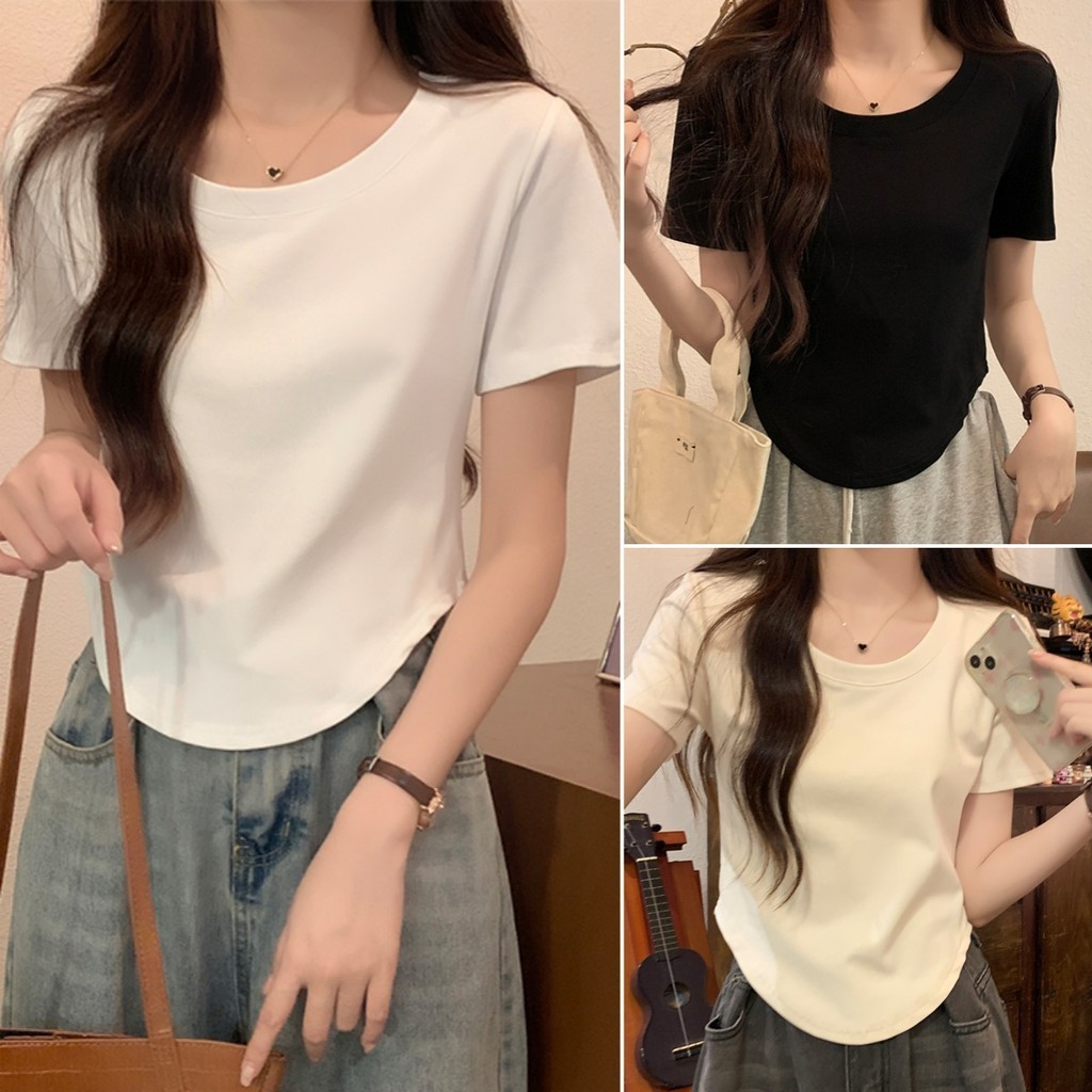 Hotgirl พร้อมส่ง เสื้อยืดผู้หญิง เสื้อแฟชั่น แขนสั้น สีพื้น คอยู สไตล์เกาหลี ลําลองและหลากหลาย กุ๊นโค้ง