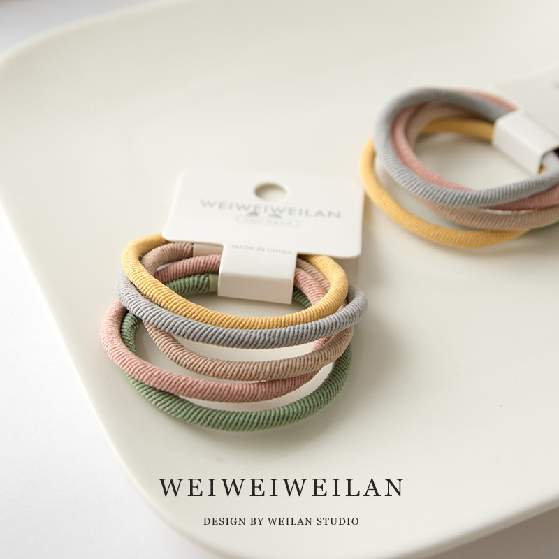 1 การ์ด 5 Simple High Elasticity Twill Spring Color Hair Tie Girl All-Match Ball Head Tie Hair Basic