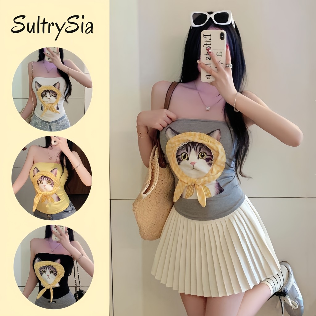 SultrySia เกาะอก เซ็กซี่ เปิดไหล่ เกาะอก เสื้อเกาะอกลายน้องแมวเมี๊ยว เสริมฟองน้ำ น่ารักมากสีหวานๆ "FY5548#1"