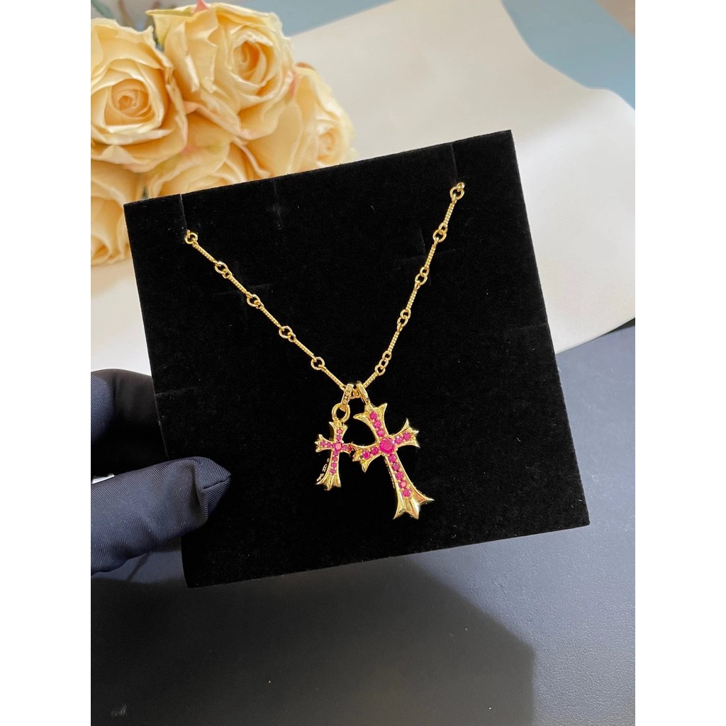 Crow Heart Gold Pink Diamond Double Cross Necklace 3C1O