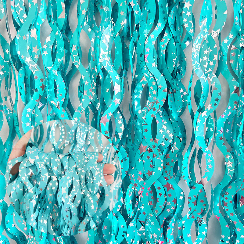 พร้อมสต็อก S-Shaped Rain Silk Curtain สไตล์ใหม่คุณภาพสูงโค้งตกแต่งวันเกิด Latte Ribbon พื้นหลังประตู Cur