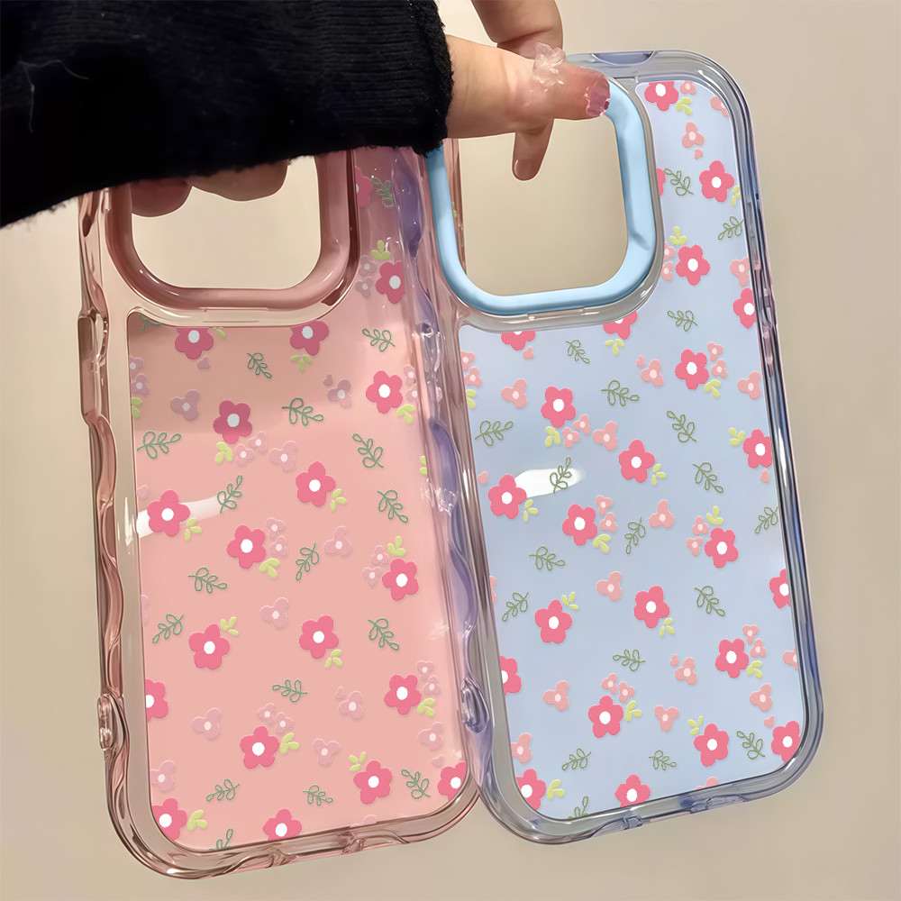 จัดส่งทันที เคสโทรศัพท์ไอ14 ดอกไม้ชมพู เคสใสอะคริลิคสีสัน ระลอกเยลลี่ For IPhone11 12 13 Pro MAX 14 15PLUS 16E กันกระแทก