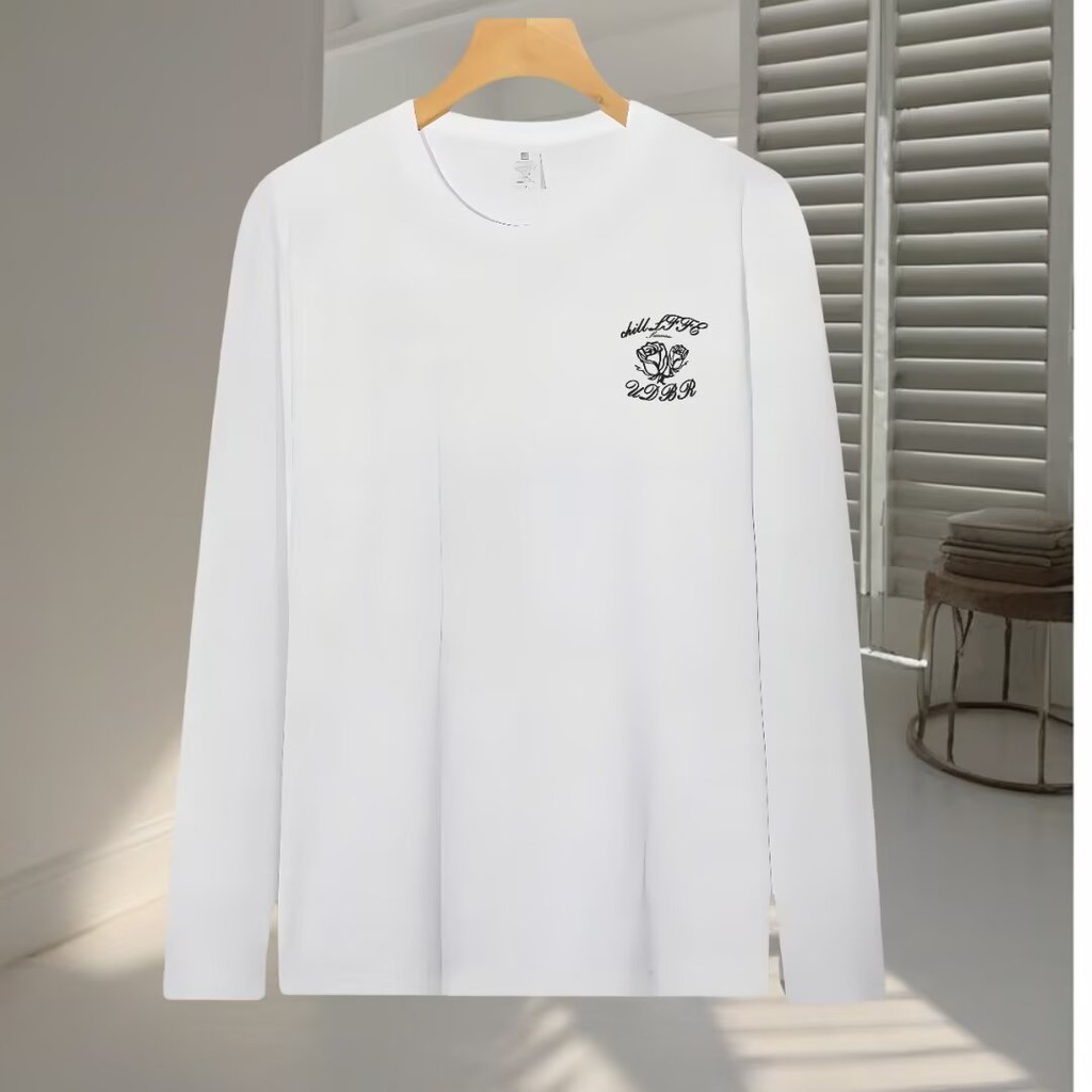 COD 2025 Literary Ins Lazy Simple New Harajuku Trend American High Street Rose Print Long Sleeve T-S