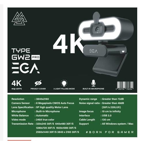 EGA Type GW2 Pro Webcam UHD 4K กล้องเว็บแคม ภาพคมชัด มีฝาปิดเลนส์