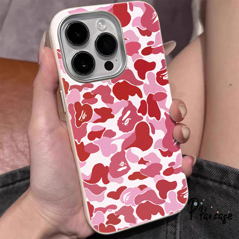 เคสไอโฟน XR สำหรับ IPhone 17 AIR 11 13 16 15 14 12 Pro Max 15 14 16 7 8 Plus XR X XS หน้าจอเต็มหน้าจอสีชมพูลายพรางหนัง