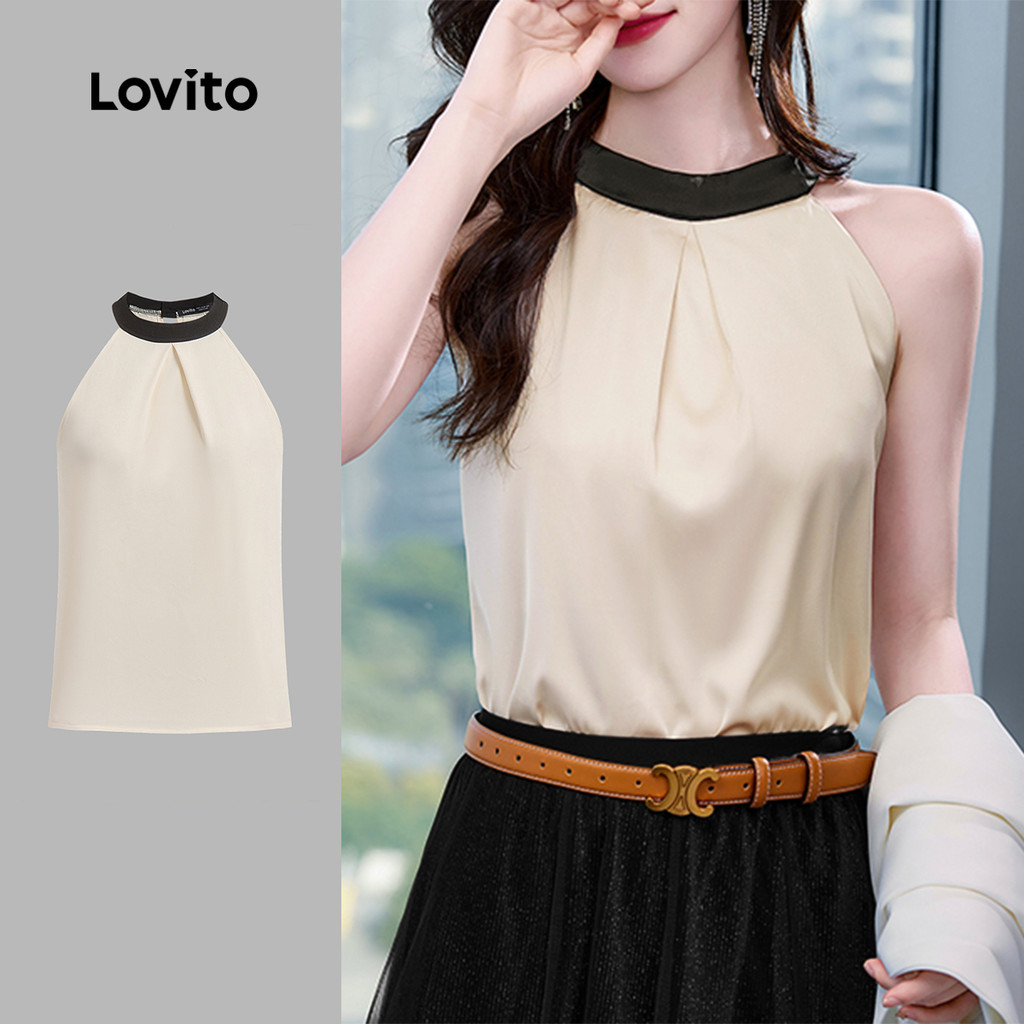 Lovito เสื้อกล้ามจีบสีพื้นเรียบหรูหราสำหรับผู้หญิงในช่วงฤดูร้อน/ฤดูใบไม้ผลิ L131ED240