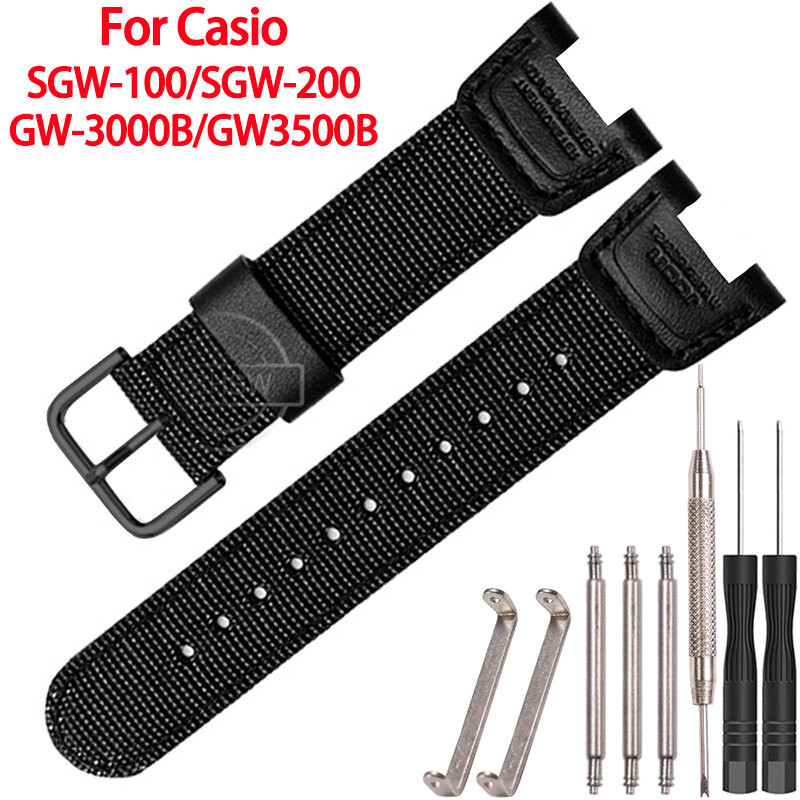 สายหนังไนลอน SGW-100 Dual Sensor GW-3500B PAS-400B PAW-1300 ผู้ชายกีฬาเปลี่ยนนาฬิกาสร้อยข้อมือ 24 มม
