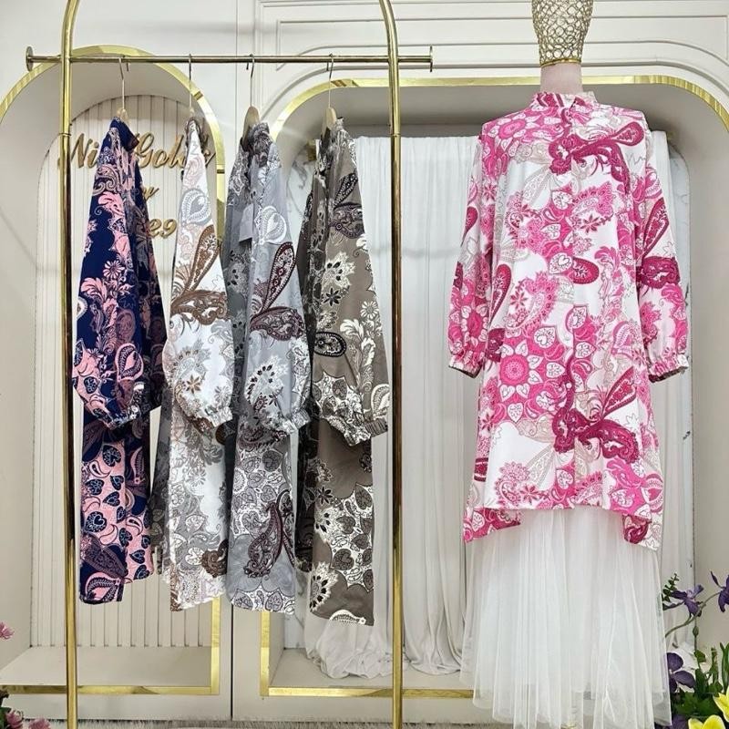 BLOUSE NILAM BAJU LABUH / KEMEJA LABUH MUSLIMAH BERCORAK P.7 MATERIAL MOSCREPE