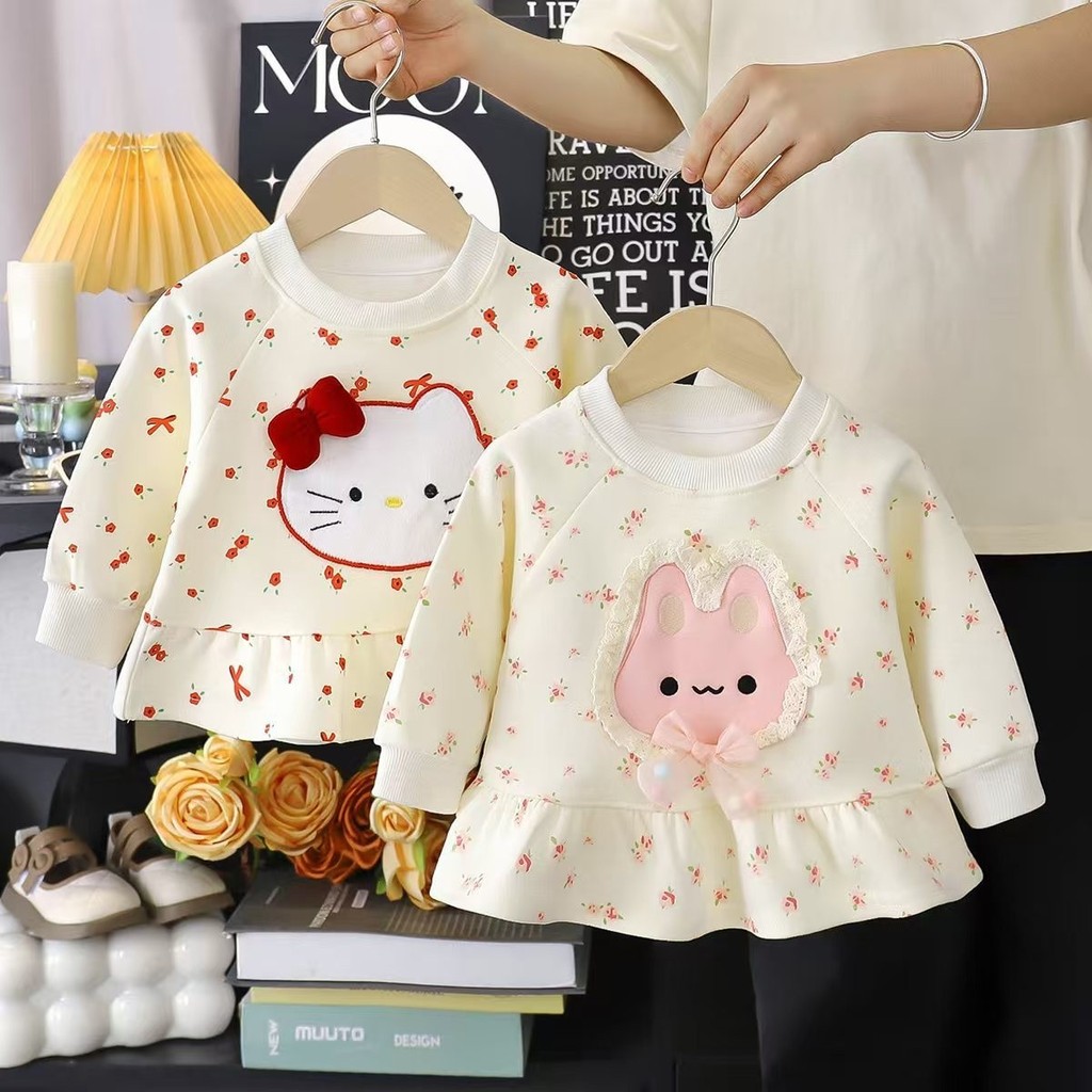Girl s Hooded Sweater Autumn New Cute Foreign Style Cartoon Cat Rabbit Floral Print Top Skirt ✨iowa2