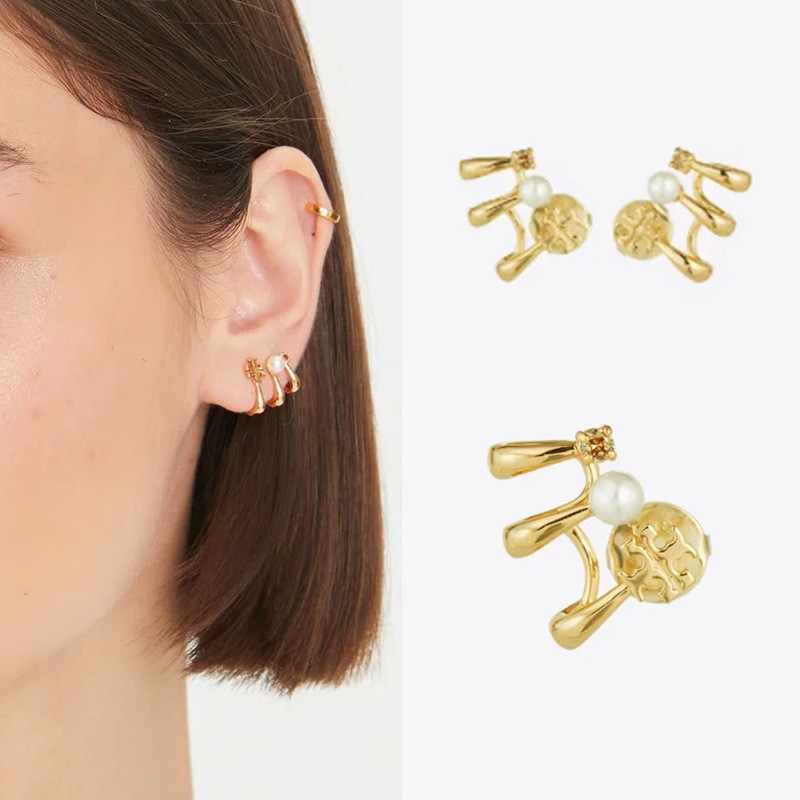 Three-pronged earrings, cross-shaped faux pearl stud earrings, KIRA stud earrings for women, pearl e