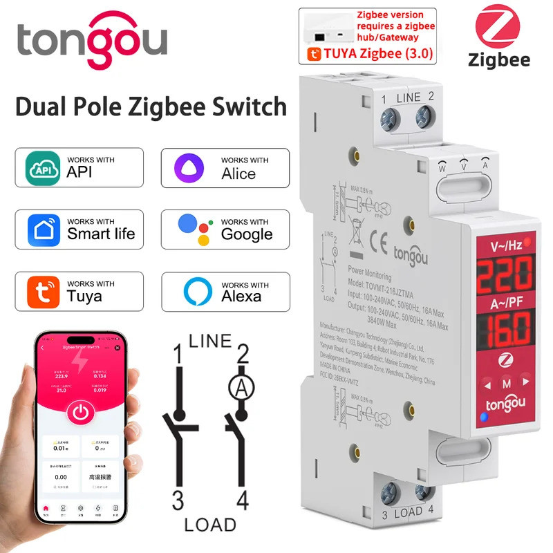 L/N หรือ L/L 2P 18 มม. Zigbee สมาร์ทสวิทช์ 16A 100-240V Over/Undervolt Auto/Manual Reclosed Tuya Sma