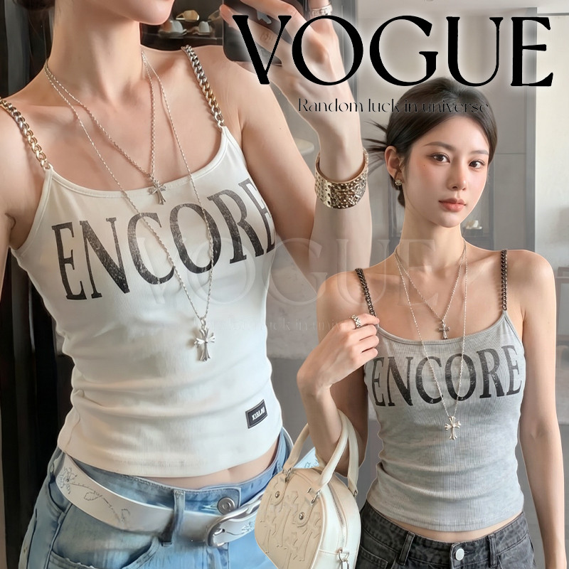 Vogue🌟พร้อมส่ง🌟 เสื้อสายเดี่ยวสกรีนENCORE ดีไซน์สายโซ่ผ้านุ่มยืดตามตัว มีฟองน้ำในตัวใส่สบาย (FY1522)