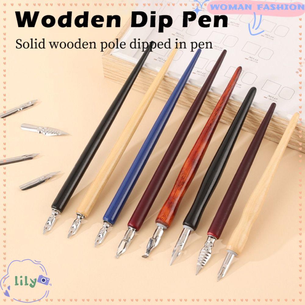 LILY 1pcs Dip Pen, ปลายสแตนเลสแท่งไม้ปากกาประดิษฐ์ตัวอักษร, ปากกาภาษาอังกฤษอเนกประสงค์ Office Business