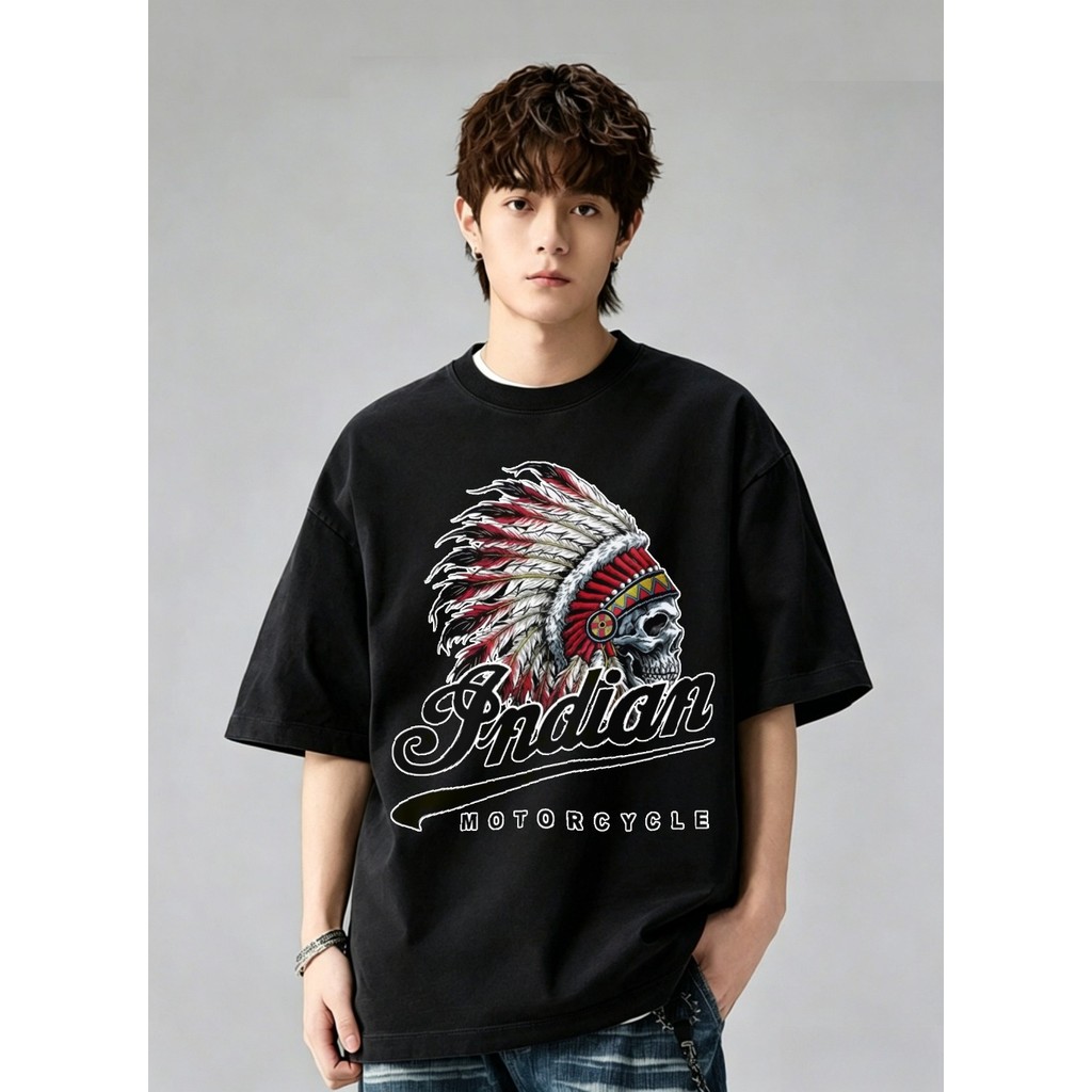 รถจักรยานยนต์อินเดีย Skull Headdress พิมพ์ด้านหน้าเสื้อยืดขนาดใหญ่ Biker Streetwear Tee