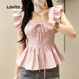 (New Arrival) Lovito เสื้อเบลาส์สีชมพูอ่อนลายจีบสําหรับผู้หญิงสําหรับฤดูใบไม้ผลิและฤดูร้อน เกาหลี อินเทรนด์ LK6AD148