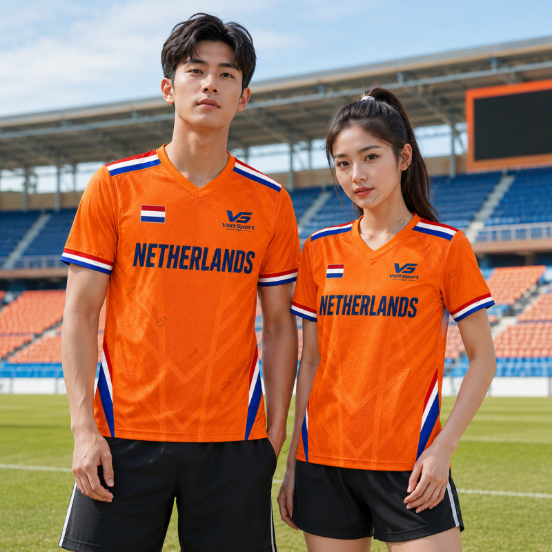 เสื้อฟุตบอลเนเธอร์แลนด์ บอลโลก คอวีแขนสั้น เสื้อทีมกีฬา ชายหญิง สีส้ม ใส่เล่นกีฬา ซ้อมบอล ใส่สบาย
