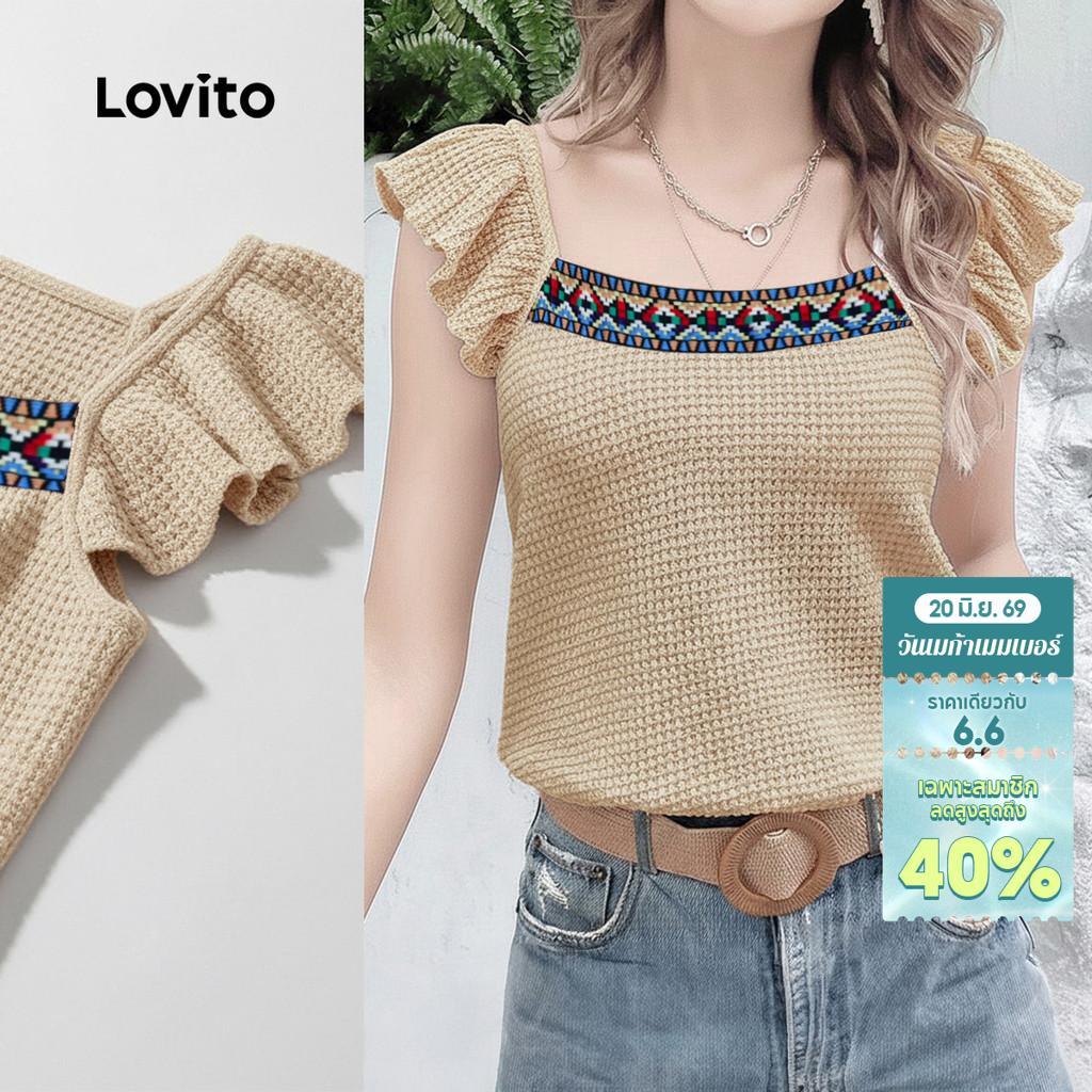 Lovito Boho เสื้อเบลาส์ลําลองลายพิมพ์ตกแต่งระบายสําหรับฤดูใบไม้ผลิ/ฤดูร้อน สีแอปริคอตสําหรับผู้หญิง LK5LD1116
