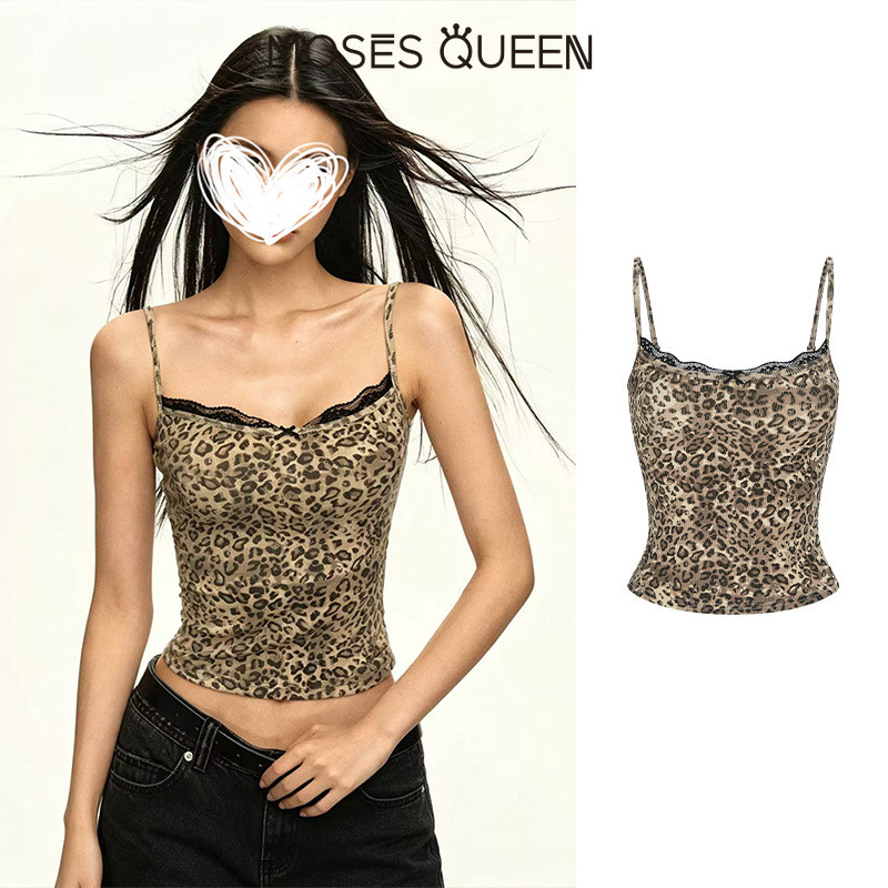 MOSESQUEEN เสื้อวงโบลูกไม้พิมพ์ลายเสือดาวย้อนยุคดีไซน์นอกของเสื้อแขนกุดแขนสั้น #63794